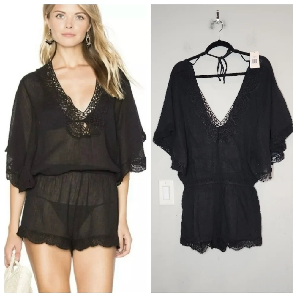 NWT Eberjey M/L Black Sol Liberty Lace‎ Trimmed Romper Swim Cover-Up Beachy